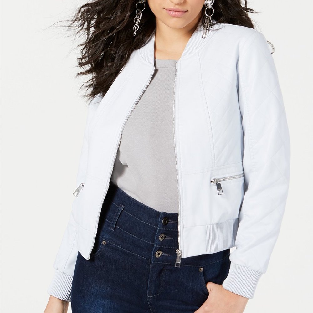 GUESS Melissa Faux-Leather Bomber Jacket white